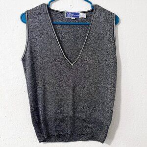 Vintage 1970s LeRoy Knitwear Metallic Black Wool/Silver‎ V-Neck Vest Size Medium